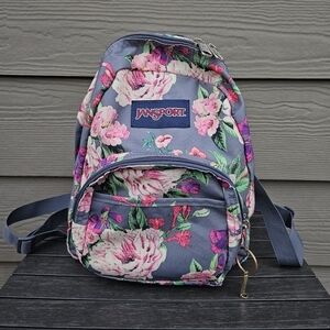 Jansport Backpack Half Pint Mini Bag Backpack Floral Print Gray Pink Purse CLEAN